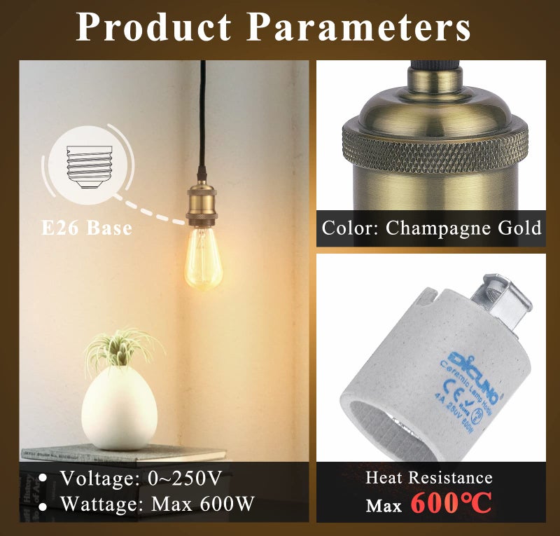 DiCUNO E26 Edison Vintage Lamp Socket, Pendant Lamp Holder, Light Sockets Replacement, Antique Look for Industrial, Decorative, DIY Lighting, 600â„ƒ Heat Resistant, 4 Packs (Color: Champagne Gold) - Image 4